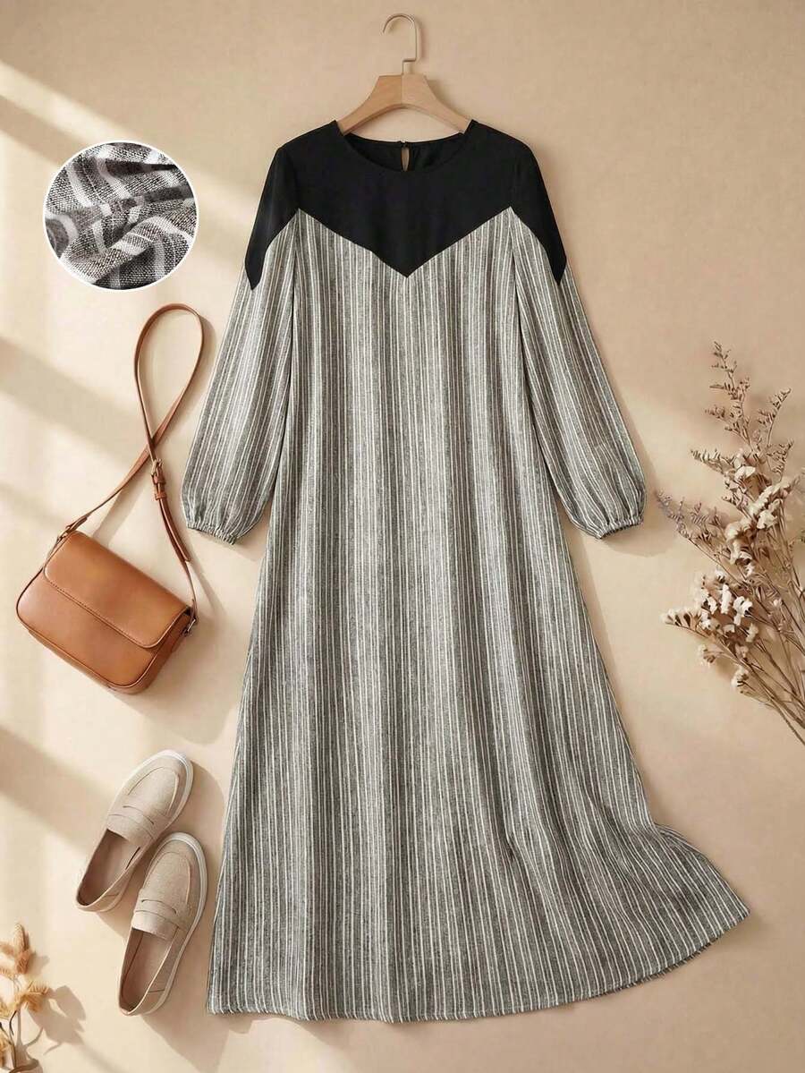 Rusticease Women's Round Neck Long Sleeve Striped Patchwork Dress Winter Dress  Winter Clothes Women's Winter Dress  Winter Clothesnew Year Dress Elegant Dresses For Women New Year Outfit  Casual Dresses For Women Casual Long Dresses Black Stitching Vertical Stripe Dress Dress Modest Striped Dress For Women Long Sleeve Long Dress Spring Outfit Women Spring Outfit Women Long Sleeve Summer  Going Out Dresses Cottagecore Dress