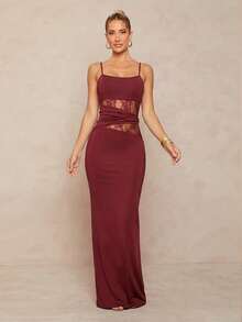 Lumalex Elegant Party Solid Color Lace Patchwork Fitted Dress - Black - View 4