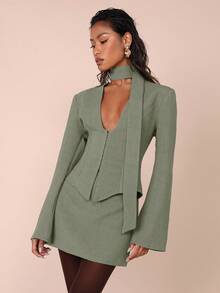 COSMINA Women's Solid Color Long Sleeve Front Button Cardigan And Midi Skirt Casual 2-Piece Set - Green - View 3