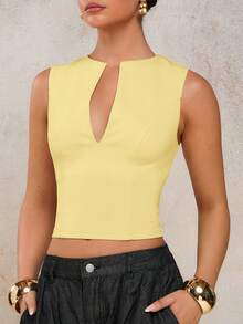 COSMINA Women's Solid Color Notched Neck Fitted Elegant Tank Top - Light Yellow - View 5