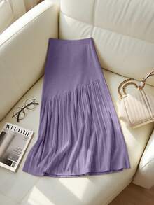 Franclia 新款褶裥拼接针织高腰显瘦A字中长半身裙，休闲女式毛衣裙 - 紫羅蘭色 - 查看 2