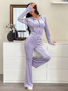 SHEIN EZwear 女士休闲纯色丝绒拉链连帽衫和裤子套装，春季，女士春季服装，紫色女士春季丝绒运动套装 - 紫色 - 查看 4