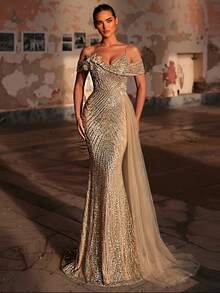 Glamrae 优雅奢华的串珠亮片花卉美人鱼露肩礼服，饰以珍珠串珠和侧边垂坠网纱，适合婚礼、单身派对、度假、晚宴、正式晚礼服（装饰款） - 香檳色 - 查看 5