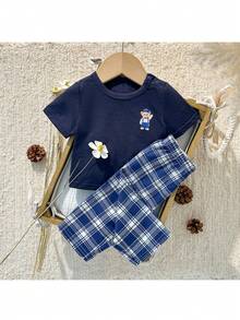 Loomiva 新生女宝宝卡通熊图案针织柔软圆领短袖上衣和格子松紧腰裤两件套 - 彩色 - 查看 5