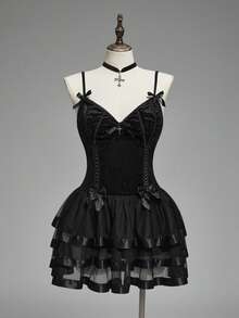 ROMWE Spring/Summer Gothic Palace Style Luxurious Princess Cake Skirt Bow Strap Black Dress, Plus Size Dress, Sweet & Cool Dark Goth Elegant Gothic Dress  Valentine's Day Party - Black - View 1