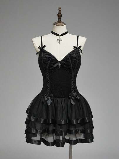 Gotischer Palast-Stil luxuriöser Prinzessinnen-Kuchenrock Schleifenträger Schwarzes Kleid, Kleid in Große Größen, süß & cool dunkle Goth elegantes Gothic Kleid