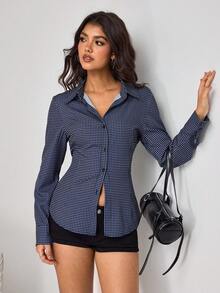 Aidyla 女士格子纽扣长袖衬衫，后背系带，通勤和街头服饰皆宜 - 藍白色 - 查看 6