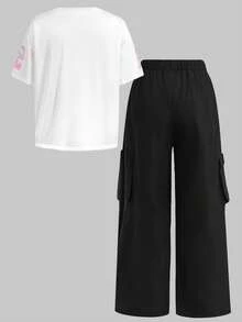 Girlism 少女休闲复古学院风宽松超大款插肩撞色印花圆领T恤和工装裤针织套装，黑白配色 - 彩色 - 查看 2