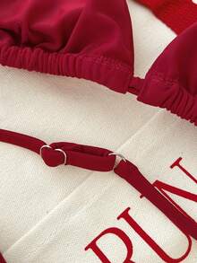 少女三件套纯红色休闲沙滩度假针织比基尼套装，夏季沙滩鞭形露背吊带三角比基尼套装，夏季沙滩泳装