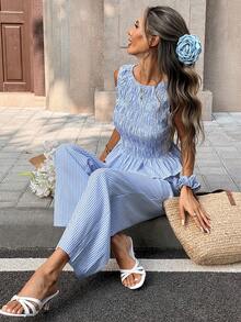 Chiquease French Vintage Women's Blue And White Stripe Sleeveless Co-Ord Set,Summer Smocked Peplum Top & Wide-Leg Pants,Casual Vacation Holiday Office Two Piece - Blue - View 7