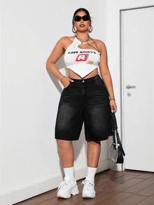 SHEIN ICON Blue Plus Size Denim Shorts Street Sexy Loose Pants Y2k Diagonal Pocket Denim Capris - Black - View 7