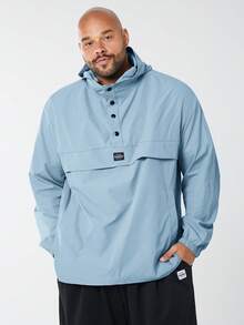 EASEVO 加大码男士休闲梭织连帽半拉链宽松插肩袖夹克，适合春秋季日常穿着 - 藍色 - 查看 5