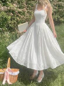 SHEIN MOD Váy không tay vải jacquard chắp vá màu trơn thanh lịch dành cho nữ, mùa hè - trắng - Xem 7