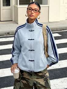 Muchica 女士休闲条纹蓝色纽扣轻薄外套 - 藍色 - 查看 5