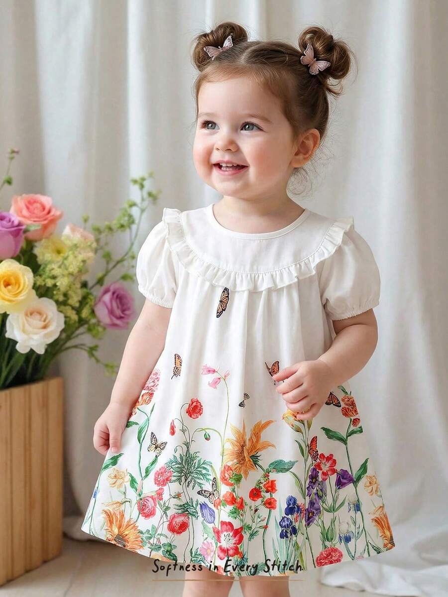 Cozy Pixies Baby Girl Floral Print Round Neck Ruffle Trim Bubble Sleeve Dress - White - View 1