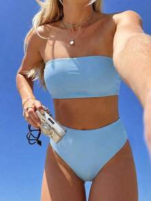 SHEIN Swim 2026 Special Fabric Spring/Summer Women's Halter Backless Tie Vacation Light Blue Side High Cut 2-Piece Bikini Swimsuit - Baby Blue - View 7