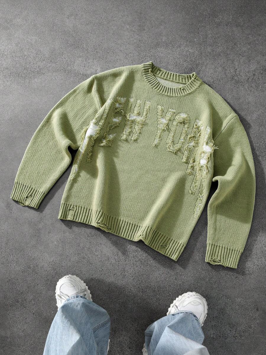 Manfinity EMRG Men Letter Pattern Ripped Sweater - Green - View 1