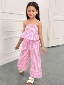 SHEIN Bộ đồ nữ sinh trẻ phong cách thường ngày, thích hợp cho kỳ nghỉ, đi học, đường phố: áo hai dây dáng chữ A phối họa tiết kẻ sọc và quần ống rộng phối họa tiết. - Hồng - Xem 5