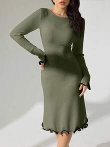 Modelyn Autumn/Winter Sexy Ruffle Hem Ribbed Knit Long Sleeve Bodycon Dress - Green - View 3