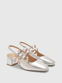 CUCCOO BIZCHIC 女士经典银色漆皮系带低跟鞋，全球四季必备 - 銀色 - 查看 7