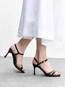 CUCCOO BIZCHIC Sandalias de tacón con punta cuadrada casual y sencilla para mujer - Laca negra - Ver 5