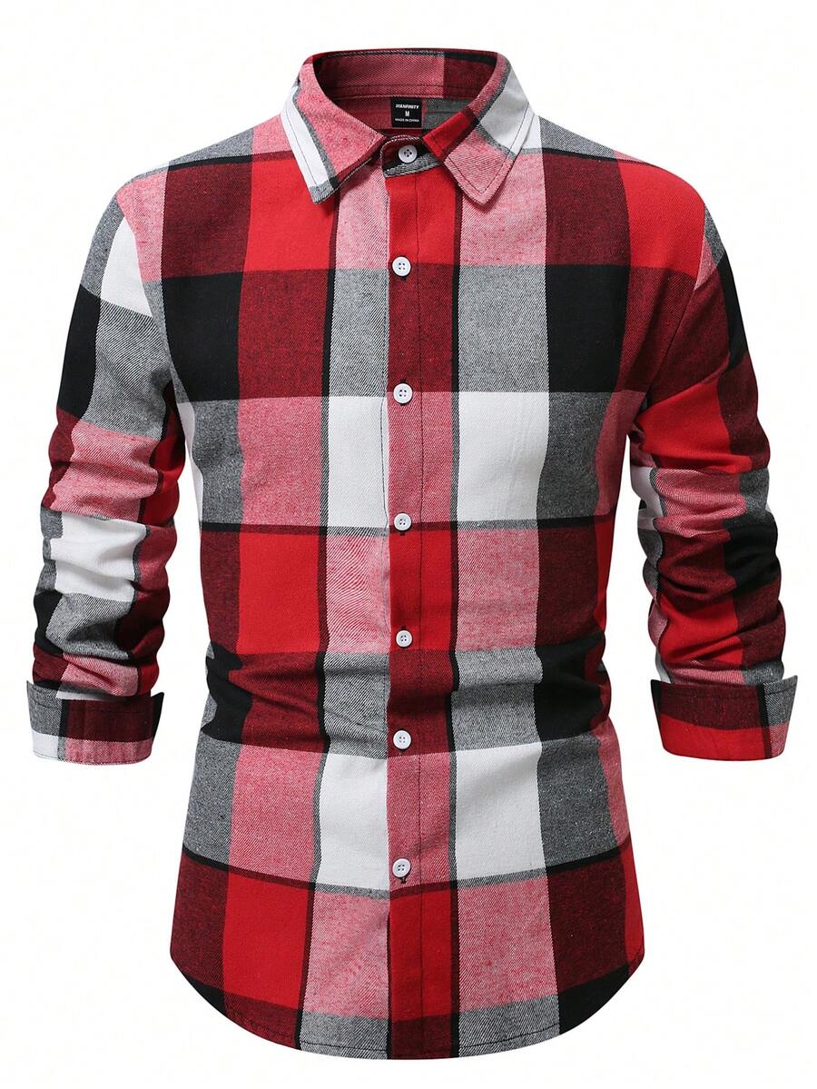 Manfinity Homme Men's Plaid Collar Single-Breasted Casual Versatile Commuting Long Sleeve Shirt - Multicolor - View 1