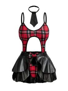 3pcs/Set Sexy Plaid Jumpsuit For Female Students - Multicolor - View 3