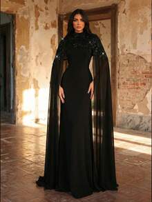 Aureia 优雅奢华黑色串珠刺绣针织流苏领披肩，A字型垂坠式下摆，女士正式晚礼服 - 黑色 - 查看 3