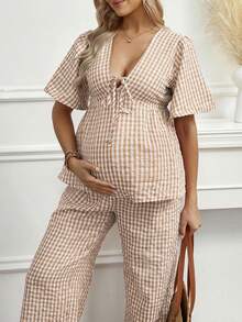 SHEIN 2pcs Set: Lace-Up Plaid Blouse & Wide Leg Pants - Khaki - View 4