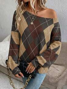 EMERY ROSE Women's Casual Off-Shoulder Sweater With Preppy Argyle Pattern - Cozy & Stylish Bohemian Knit For Spring And Autumn/Winter, Perfect For Outings, Travel, Vacation, Home Wear, Library, School, And Gifti,Sweaters For Women Spring - Multicolor - View 1