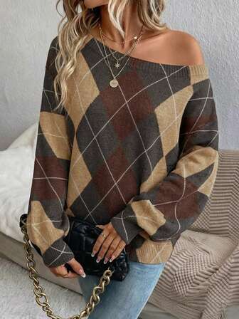 EMERY ROSE Pulover casual pentru femei, cu umeri goi, cu model preppy Argyle - Tricotaj boem confortabil și elegant pentru primăvară și toamnă/iarnă, perfect pentru ieșiri, călătorii, vacanță, ținute pentru casă, bibliotecă, școală și cadouri