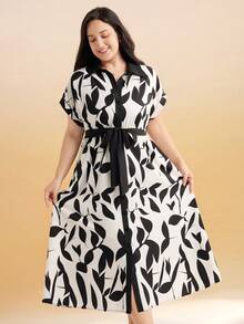 Momelise 系带印花大码连衣裙，春夏款 - 杏色 - 查看 7