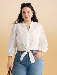 Momelise Plus Size Women's White Autumn Elegant Party Shirt,Hollow Lace Eyelet Blouse With Tie Front Twisted Hem, Boat Neck For Work&Daily Commuting - White - View 5