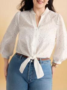 Momelise Plus Size Women's White Autumn Elegant Party Shirt,Hollow Lace Eyelet Blouse With Tie Front Twisted Hem, Boat Neck For Work&Daily Commuting - White - View 7