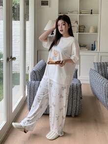 Dazy Plus 两件套可爱小熊睡衣套装，宽松短袖上衣和长裤，春夏睡衣 - 白色 - 查看 6