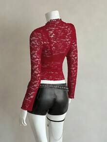 EgrlEra 女士时尚黑色性感蕾丝衬衫 - 紅色 - 查看 2