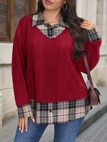 SHEIN LUNE Plus Size Women's Ribbed Knit Plaid Patchwork 2 In 1 Top - Red - View 3