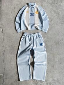 AXEPEAK Men's Numeric Print Polo Collar Long Sleeve Sweatshirt And Sweatpants Casual Suit - Blue - View 1