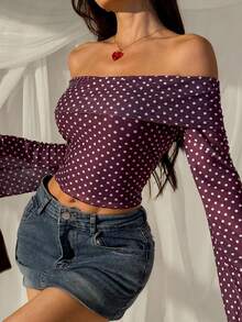 SHEIN EZwear Áo kiểu nữ màu đỏ rượu vang chấm bi, tay loe, trễ vai. - Màu Đỏ Sâu - Xem 1
