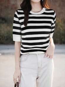 EMERY ROSE Áo dệt kim tay lửng phối màu kẻ sọc, thích hợp mặc đi làm hàng ngày. - Nhiều màu - Xem 6