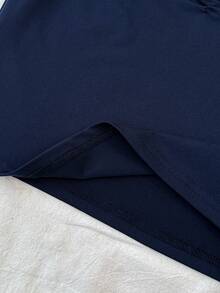 SHEIN Tween Girls' Blue Knit Ruched Bust Lace Trim Form-Fitting Long Sleeve Versatile T-Shirt Top - Navy Blue - View 5