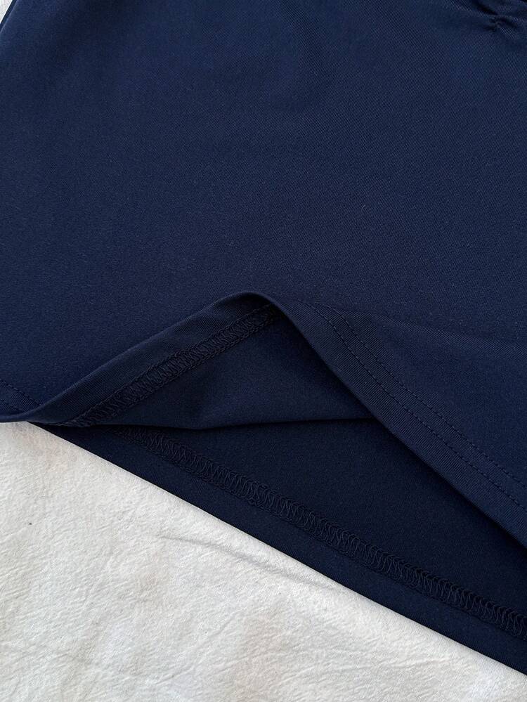 SHEIN Tween Girls' Blue Knit Ruched Bust Lace Trim Form-Fitting Long Sleeve Versatile T-Shirt Top - Navy Blue - View 5