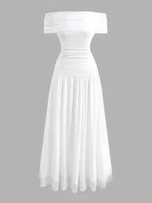 SHEIN Girlism 少女白色露肩褶皱紧身优雅长裙，春夏款 - 白色 - 查看 10