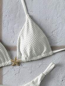 Swim Mod 2pcs/Set Summer Beach Vacation Solid Textured Fabric Golden Starfish Decor Halter Bikini Set Sexy Swimwear Cream Bikini Seashell Bikini Triangl Bikini Textured Bikini Sea Shell Bikini White Bikini Starfish Bikini - White - View 5