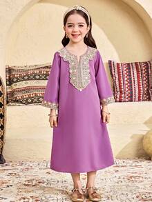 SHEIN 女童纯色宽松休闲连衣裙 - 紫色 - 查看 7