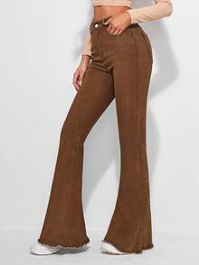 EMERY ROSE Quần jeans nữ ống loe rách gấu kiểu vintage - màu nâu - Xem 5