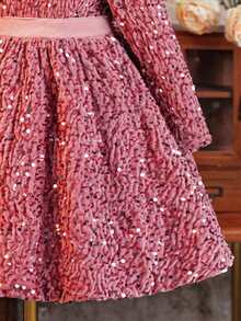 SHEIN Glamorique Kids Girls Princess Dress, Pink Sequin, Puff Long Sleeve, Puffy Skirt, Christmas Young Girl Dress, Party Wear, Ball Gown, Girls Princess Dress, Big Bow Back, Elegant Formal Dress - Dusty Pink - View 4