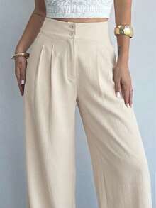 Firerie 女士优雅休闲阔腿裤，杏色纯色高腰褶裥宽松长裤，时尚百搭，新款春夏裤装，度假裤 - 杏色 - 查看 6