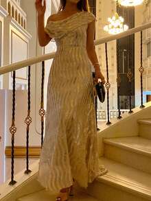 Livesso Elegant Sequin Embellished Asymmetrical Shoulder Midi Dress For Women Sundress - Champagne - View 1