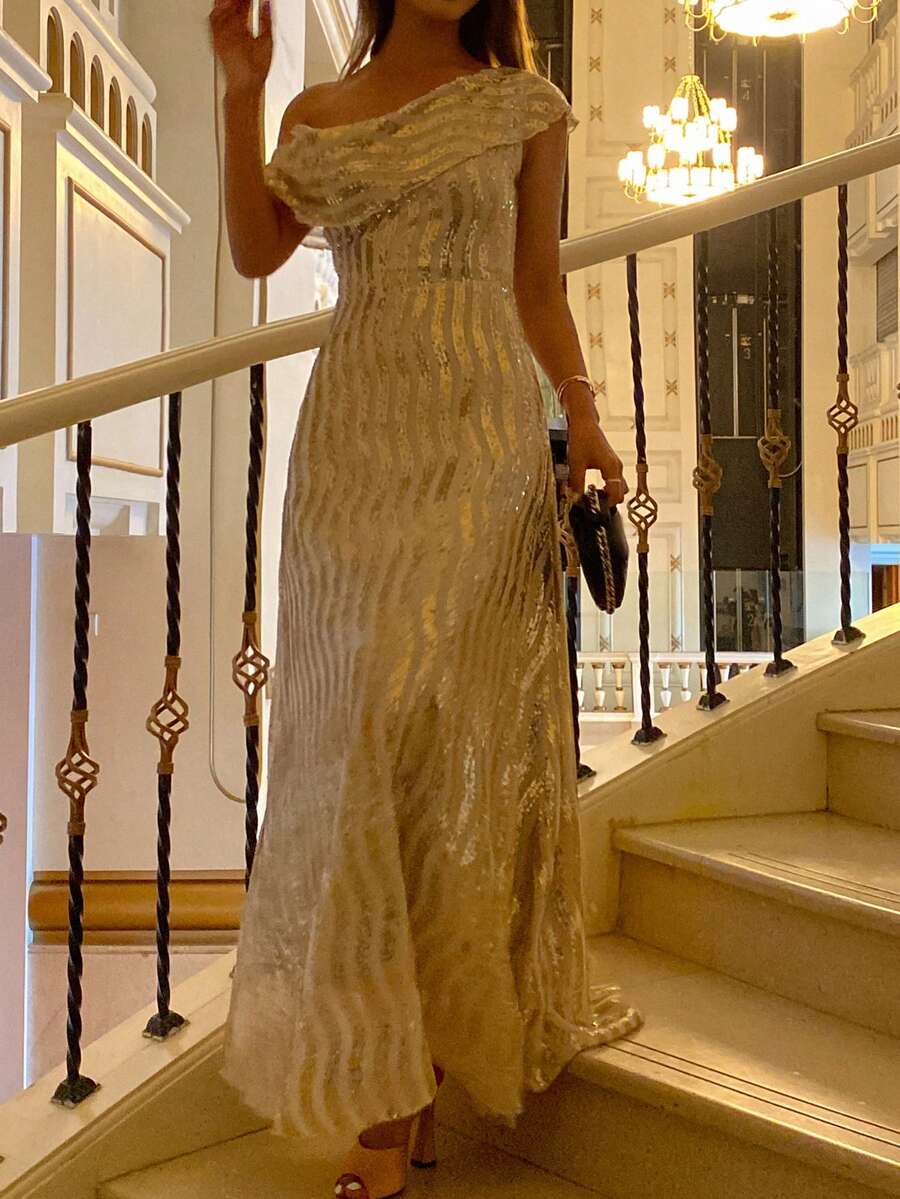 Livesso Elegant Sequin Embellished Asymmetrical Shoulder Midi Dress For Women Sundress - Champagne - View 1